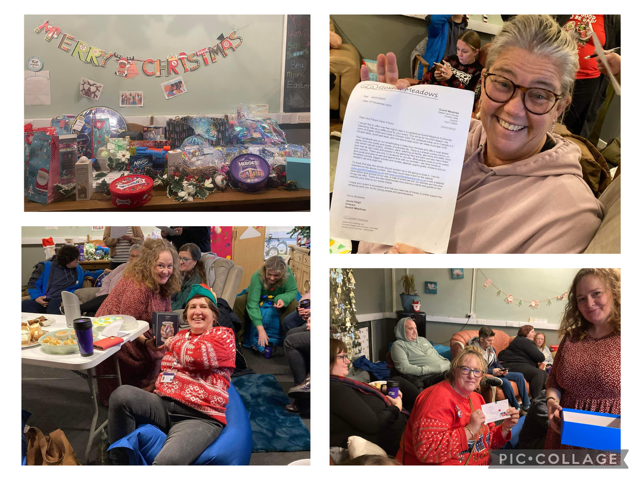 Four images. In the top left a merry christmas sign on the wall and a range of raffle prizes on a table. In the others various people smiling, showing off their prizes to the camera and having a jolly time.
