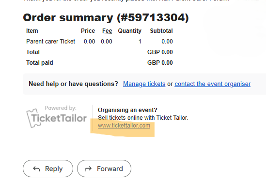 screen shot showing the link to manage your ticket Talior 
