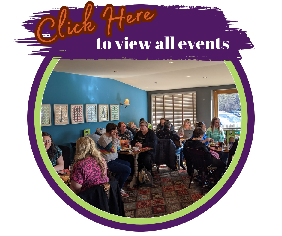 Parent members at an engagement event sharing feedback and peer to peer support with the words click here to view all events