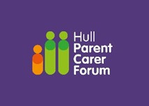 Hull Parent Carer Forum written in white on purple background. To the left of the writing is two larger green images depicting adults and one smaller orange one representing a child.