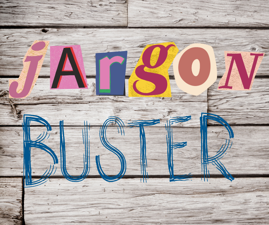 Wooden grain background with the word jargon spelled out in scrapbook letters and the word buster written in blue pen lines