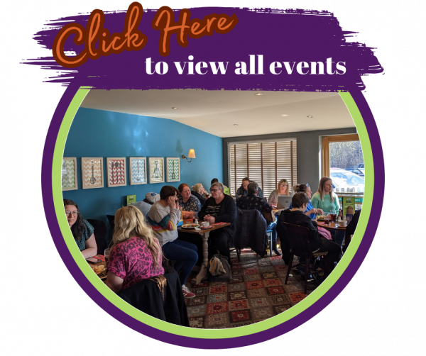 Parent members at an engagement event sharing feedback and peer to peer support with the words click here to view all events